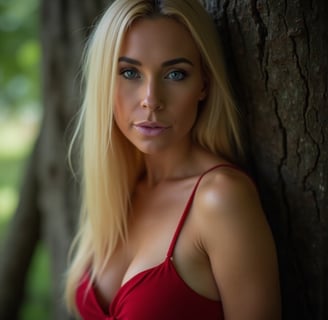 a woman in a red dress posing for a picture