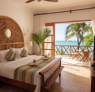 a bedroom with a bed with a view of the sea