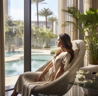 a woman sitting in a chair in a room with a pool and a pool