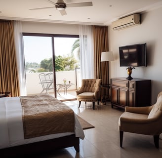 a bedroom with a bed, chair, and television