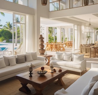 a living room with a large window and a table with a vase on it