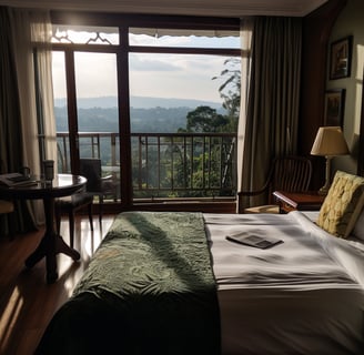 a bedroom with a balcony overlooking the mountains