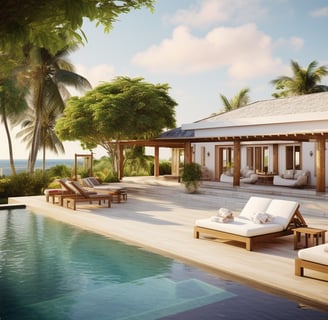 a large pool with lounge chairs and a view of the ocean