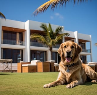 a dog laying on the grass in front of a house