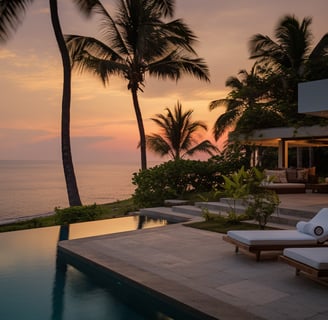 a pool with lounge chairs and palm trees