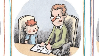 Three-panel cartoon showing a father's increasing frustration while helping his child with math home