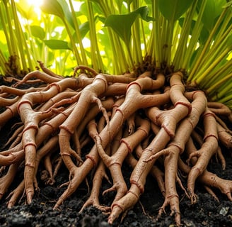 A close-up view of the thick, gnarled roots of the licorice plant (Glycyrrhiza glabra) .