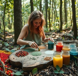 A woman is blending colors on a rustic wooden palette, with jars of natural pigments .