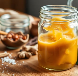 Golden-brown natural glue in glass jar on kitchen table.