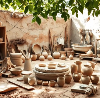 A potter's workspace surrounded by wild clay sources, featuring a variety of pottery tools,