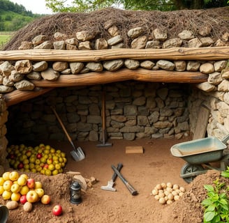 A rustic root cellar being constructed, with stone and wood beams.