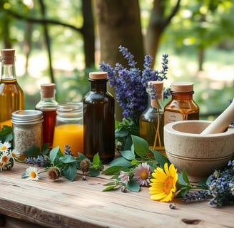 A rustic wooden table adorned with fresh herbs, like chamomile, calendula, and lavender.