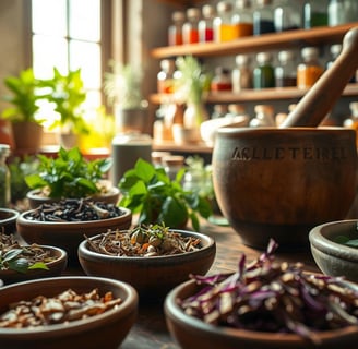 An array of medicinal plants and dried herbs in rustic ceramic bowls.