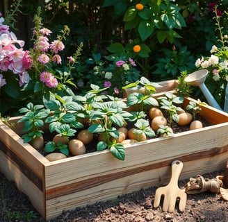 Wooden potato box, surrounded by green foliage and blooming flowers. 