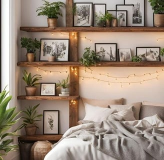 a bedroom with a bed and a bed with a wooden shelf