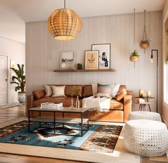 a living room with a couch and a rug