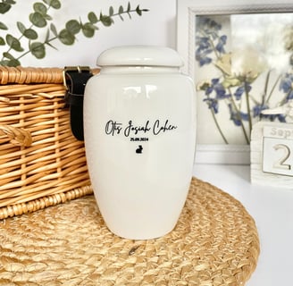 Engraved personalised small white infant ceramic urn for baby ashes