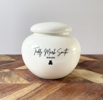 Elegant ivory ceramic urn with soft curves, engraved “Teddy Mark Smith” above a delicate black teddy bear icon.