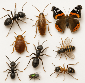 A collection of insects and bugs grouped together.