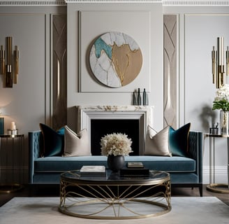 a living room very chic with a couch and a marbre fireplace / salon très chic avec canapé et cheminé