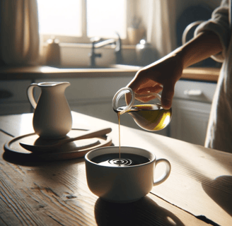 Das Bild zeigt eine Person, die Olivenöl in eine Tasse Kaffee träufelt, was eine unkonventionelle Ar