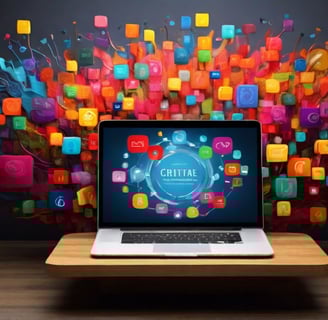 a laptop computer sitting on a table with a colorful background