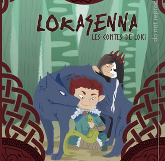 Couverture jeunesse Loki mythologie nordique avec Fenrir le loup, Hel/Hella et Jormungandr,