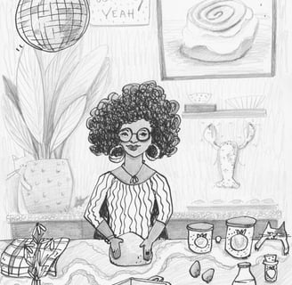 Rezeptillustration, Frau bäckt Cinnamon Rolls, gezeichnet mit Tusche und Bleistift