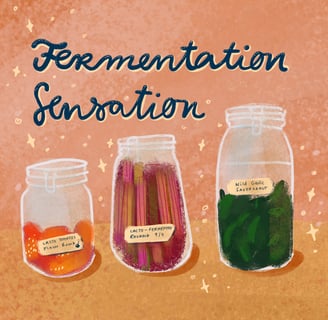 Rezeptillustration mit fermentiertem Gemüse in Einmachgläsern
