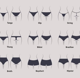 panties underwear types: tanga, slip, string, thong, bikini, brazilian, briefs, boyshort, hipster