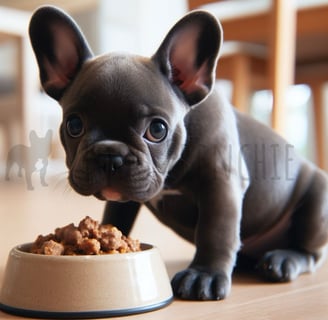 Bulldog Frances Blue Tan comiendo