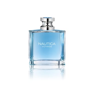 a perfume bottle with a blue and white background