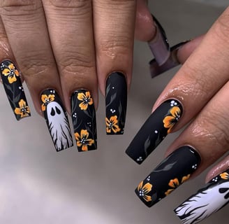 "Halloween press-on nails featuring spooky designs, perfect for festive celebrations and adding styl