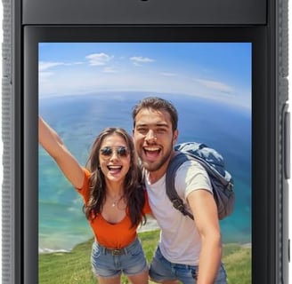 a man and woman taking a selfie with instax instax