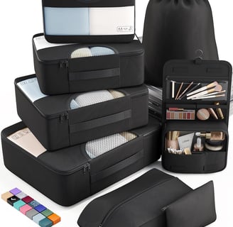 "Veken 8 Set Packing Cubes in various colors, neatly organized, showcasing efficient packing for tra