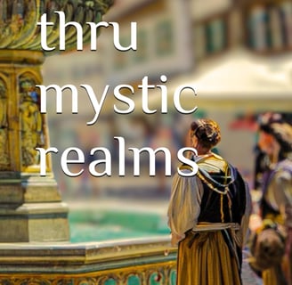 "Cover of 'Mystic Realms: A Journey Thru Mystic Realms' by Oscar Augustin, featuring enchanting land