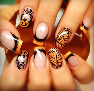 "Stylish Halloween-themed press-on nails featuring spooky designs like ghosts, pumpkins, and cobwebs