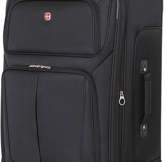 SwissGear Sion Softside Expandable Luggage with wheels and handles, displayed in a travel setting.