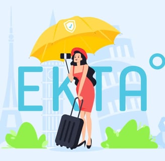a woman with a yellow umbrella and a suitcase