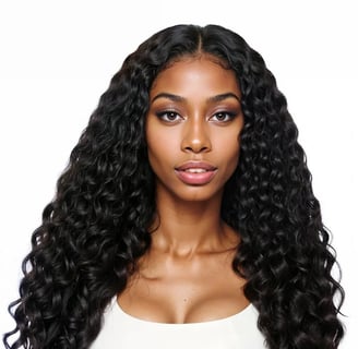 Woman wearing deep wave style wig