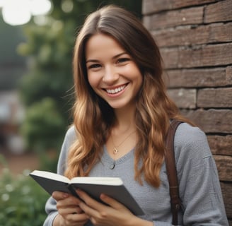 Smiling young women with a journal in her hands looking at the camera. open-page-visual-journaling.j