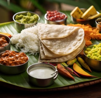 A wholesome sattvic thali featuring traditional South Indian dishes, free from onion and garlic.