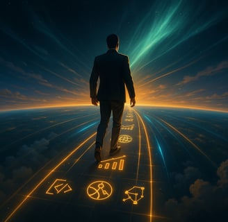 Futuristic dashboard displaying HBI Ecosystem’s core platforms: trade, AI, blockchain, and digital tools