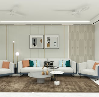 Elegant living room design with custom furniture and lighting for flat in Noida