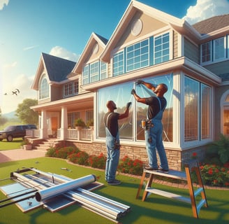 a man and woman are window tinting a house