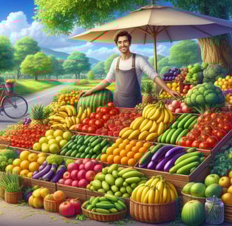 a man standing in front of a display of fruits and vegetables