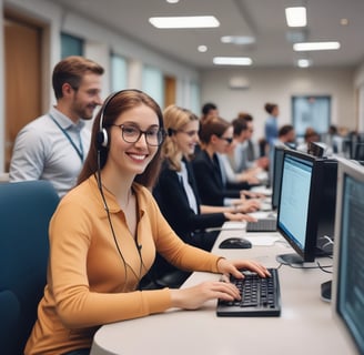 a woman in a headset with a headset and a man in a heads