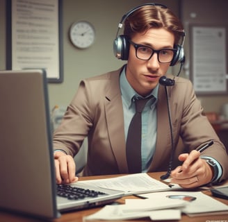 a man in a suit and tie is sitting at a desk with a laptop and