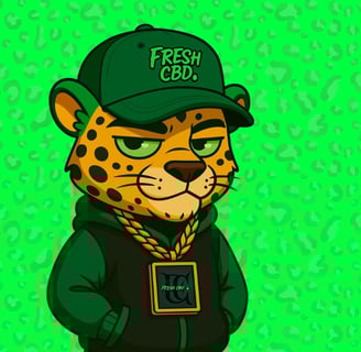 Leopardo mascota Fresh CBD con fondo verde con textura