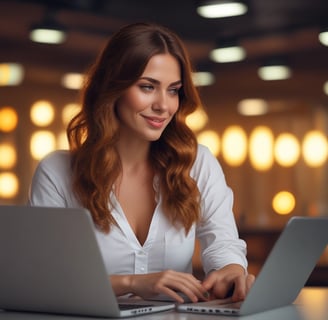 a woman sitting at a table with a laptop computer